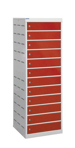 Laptop Charging Locker 1460h x 500w x 500d mm - 12 Tiers, 12 Doors Red Doors