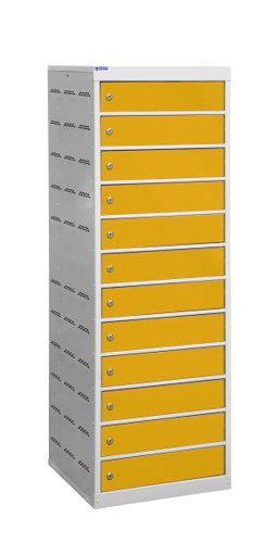 Laptop Charging Locker 1460h x 500w x 500d mm - 12 Tiers, 12 Doors Yellow Doors