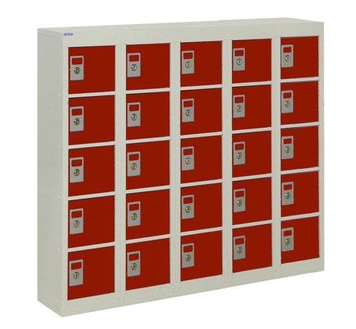 QMP Wall Mounted Personal Effects Locker 940h x 1130w x 190d mm Red doors 25 comp Camlock