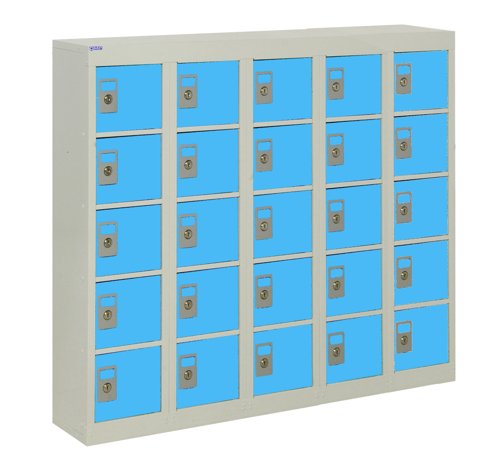 QMP Wall Mounted Personal Effects Locker 940h x 1130w x 190d mm Light Blue doors 25 comp Camlock