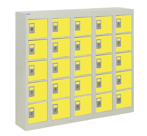 QMP Wall Mounted Personal Effects Locker 940h x 1130w x 190d mm Yellow doors 25 comp Camlock