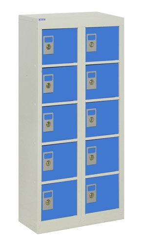 QMP Wall Mounted Personal Effects Locker 940h x 450w x 190d mm Blue doors 10 comp Camlock