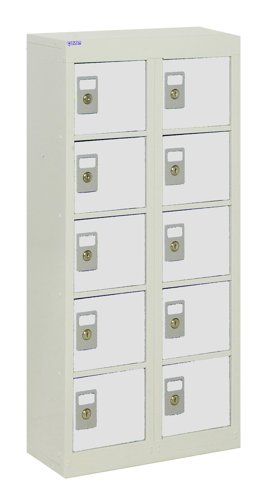QMP Wall Mounted Personal Effects Locker 940h x 450w x 190d mm Light Grey doors 10 comp Camlock