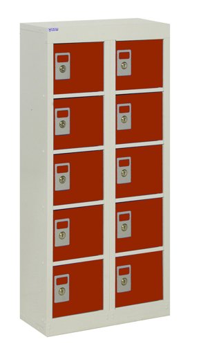QMP Wall Mounted Personal Effects Locker 940h x 450w x 190d mm Red doors 10 comp Camlock