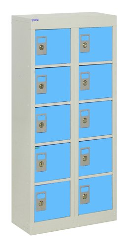 QMP Wall Mounted Personal Effects Locker 940h x 450w x 190d mm Light Blue doors 10 comp Camlock