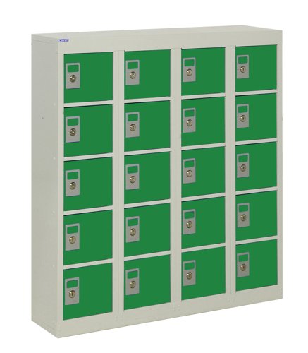 QMP Wall Mounted Personal Effects Locker 940h x 900w x 190d mm Green doors 20 comp Camlock