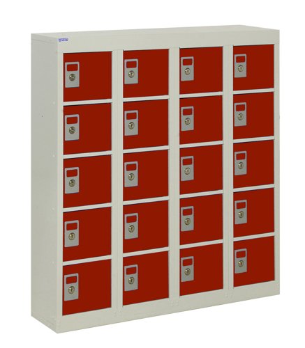 QMP Wall Mounted Personal Effects Locker 940h x 900w x 190d mm Red doors 20 comp Camlock
