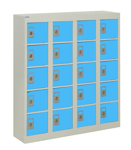 QMP Wall Mounted Personal Effects Locker 940h x 900w x 190d mm Light Blue doors 20 comp Camlock