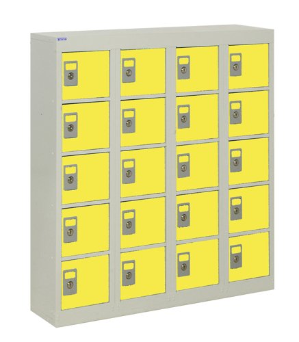 QMP Wall Mounted Personal Effects Locker 940h x 900w x 190d mm Yellow doors 20 comp Camlock