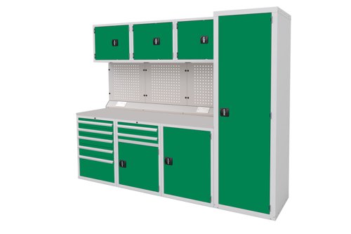 Euro slide Modular Workshop Kit 4 - Laminate Worktop and Green Cupboards/Drawers