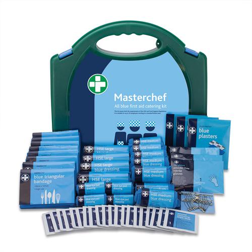 CM0299 | HSE basic food hygiene kit. Unique all blue contents. Content based on 1997 ACOP. 8 Bandages, Triangular, 6 Dressings, Eye Pad, 4 Dressings, HSE Large 18cm, 12 Dressings, HSE Medium 12cm, 3 Gloves, Pairs, 1 Guidance Leaflet, 60 Plasters, Assorted, 16 Safety Pins, 20 Wipes, CleansingCovers 50 persons (risk dependent).