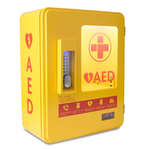 The AED Alarmed Outdoor Wall Mounted Cabinet offers you security, practicality, high visibility and peace of mind in the event of an emergency. The cabinet is manufactured from thick carbon steel and offers outdoor weather resistance. The shatterproof transparent window allows you to quickly check the status of your defibrillator. Finished in visible yellow, with the added features of a waterproof seal, user regulated temperature settings and a magnetic LED light which is operated when the door opens. The cabinet also includes AED (Automated External Defibrillator) instruction icons to guide users on the correct procedure.