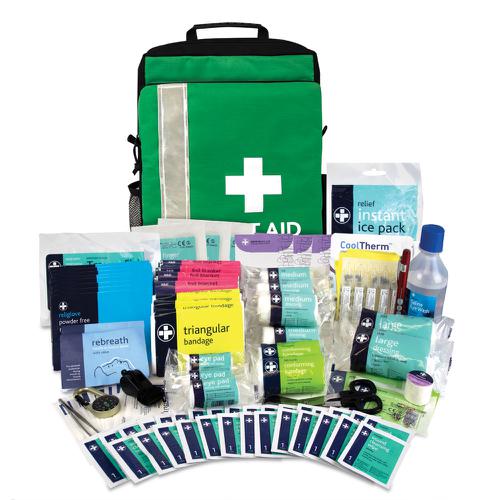 A compact first aid rucksack that offers excellent portability for the first aider. The bag features double zip-pulls that allow the bag to open fully, offering easy viewing of the products required in an emergency. Elasticated loops, sealable pockets, and a removable compartment hold all the contents securely. The contents of this kit exceed current BS8599-1:2019 medium size standards. Intended for days out and school trips, it is also suitable for guides, scouts, and cadet groups. The kit includes eye wash, vomit bags and a whistle, fully preparing you to deal with an emergency situation.