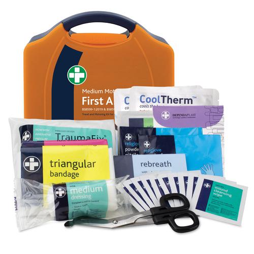 HS99238 | This Reliance Medical Motokit contains 1 x triangular bandage, 1 x adherent dressing pad, 1 x HSE medium dressing, 1 x medium trauma dressing, 2 x burn dressings, 10 x washproof plasters, 1 x foil blanket, 1 x resuscitation face shield, 10 x cleansing wipes, 1 x pair of gloves, 1 x pair of shears and a first aid guidance leaflet. This medium kit is designed for use in cars, taxis, vans and trucks with up to 8 passengers.