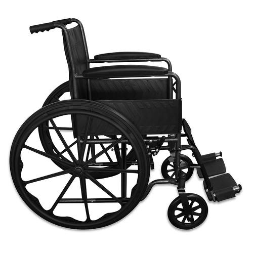 HS99423 | The Code Red wheelchair has an extra thick steel frame making it one of the toughest self-propelled wheelchairs on the market. The chair has solid tyres on the large 24 inch spoked rear wheels. The smaller swivelling front wheels are manufactured from extra-strength solid polyurethane, designed to withstand the hard knocks often sustained when mounting kerbs, ramps, or other obstacles. Featuring fixed armrests, leg rests and flip-up footplates. The comfortable flame-resistant nylon seat and backrest reduce weight and are easy to clean and maintain. Other features include patient safety restraints, comfortable and supportive restraint straps for the legs.
