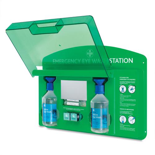 HS88919 | This premium Reliance Medical Emergency Eye Wash Station is made from durable, wipe clean ABS plastic and comes complete with 2 x eye pad dressings, 2 x 500ml bottles of eye wash and 5 x 20ml eye wash pods. The comprehensive eye wash station also includes an integral eye bath and mirror for easy application. With a heavy duty, dust proof cover and illuminated printed instructions.