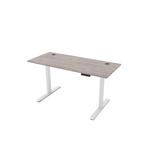 R810 Sit Stand Desk 1585x600mm White Leg, Grey Oak Top