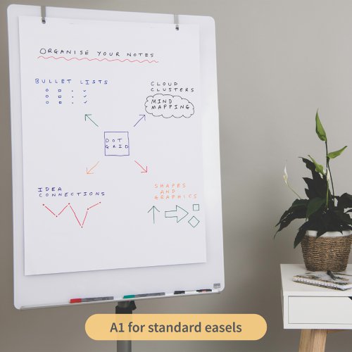 Big and spacious, this great quality RHINO A1 20mm dot grid flip chart pad is the perfect canvas to assist you during meetings, brainstorming sessions and to encourage teamwork and discussion in class, online or in person. The 30 perforated sheets of sustainably sourced and PEFC certified 80gsm dotted paper provide plenty of space and flexibility. Use the dots to create flow charts, graphs, mind maps, bulleted lists or to map out business plans and projects. And when you’ve filled the sheet, simply flip it over and start from scratch or tear off and store your work.