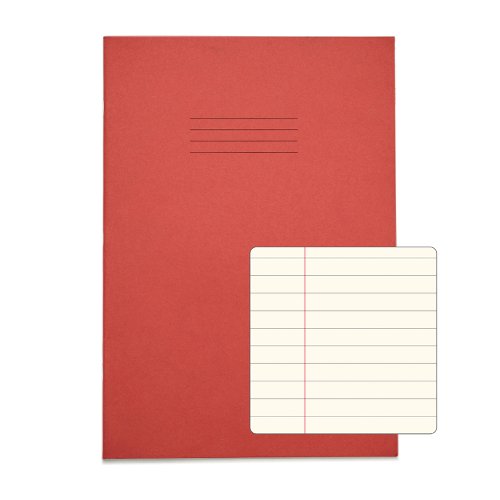RHINO A4 Tinted Exercise Book 48 Pages / 24 Leaf Red with Cream Paper 8mm Lined with Margin