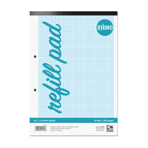 Rhino A4 Graph Pad 100 Page 10mm 1:5:10 Graph Ruling With Plain Reverse (Pack 6) - HAG1-4