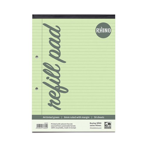 Rhino A4 Special Refill Pad 50 Leaf Feint Ruled 8mm With Margin Green Tinted Paper (Pack 6) - HAGFM-0