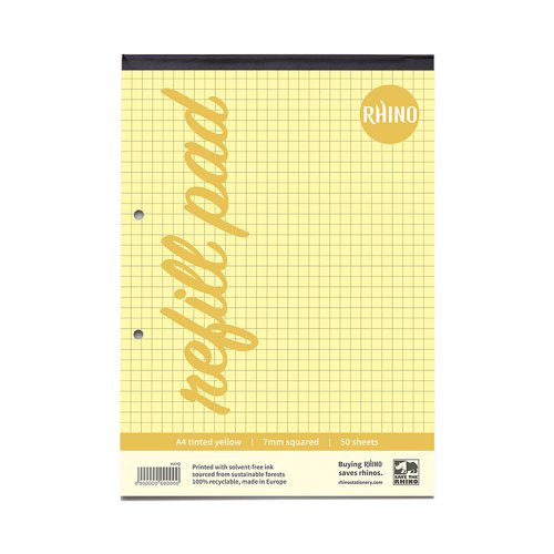 RHINO A4 Tinted Refill Pad 100 Pages / 50 Leaf Yellow Paper 7mm Squared