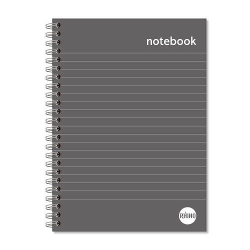RHINO Hardback Twinwire Notebook A5 with 160 pages each ruled with 8mm lines. With its sturdy covers, this lay-flat wirebound hardback notebook is ideal for important daily notes.