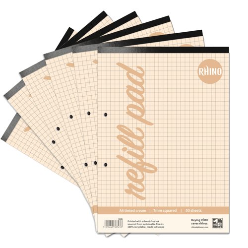 RHINO A4 Tinted Refill Pad 100 Pages / 50 Leaf Cream Paper 7mm Squared