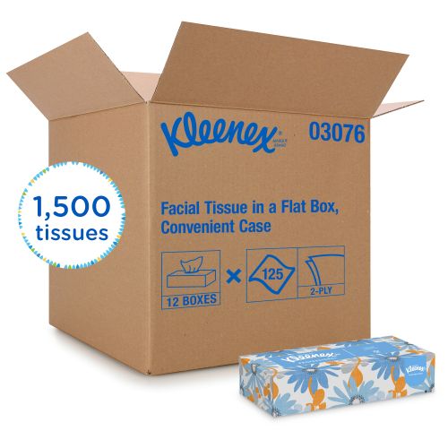 Kleenex Professional Facial Tissue for Business (03076), Flat Tissue Boxes, 12 Boxes/Convenience Case, 125 Tissues/Box