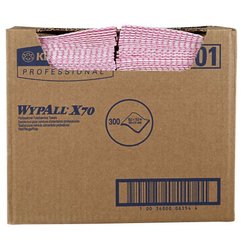 WypAll X70 Extended Use Foodservice Towels Reusable Cloths (06354), Quarterfold, Red, 1 Box, 300 Sheets 
