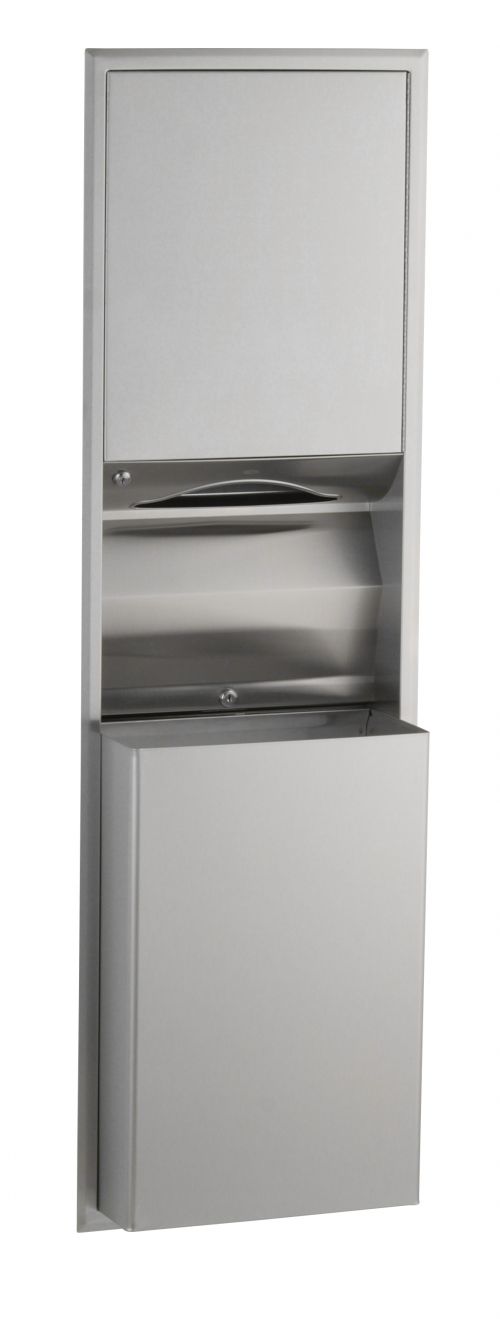 "Unit includes convertible folded paper towel module and 12-gallon waste receptacle. Satin-finish stainless steel. Seamless beveled flange. 