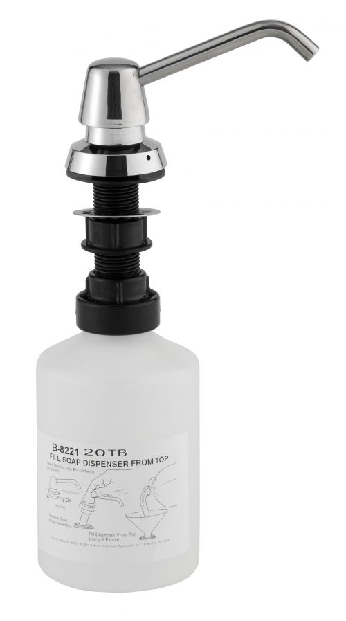 Corrosion resistant soap dispenser has vandal-resistant locking cover and free-turning spout. Body and shank are high-impact-resistant ABS plastic.