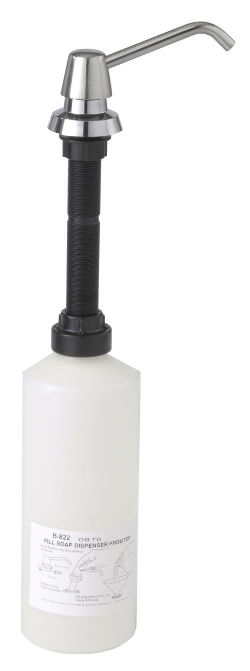 Corrosion resistant soap dispenser has vandal-resistant locking cover and free-turning spout. Body and shank are high-impact-resistant ABS Plastic.