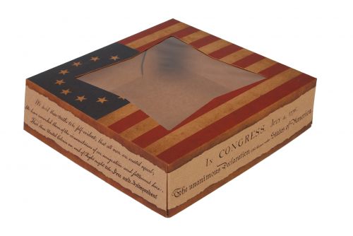 BX2482 USA Kraft Paperboard Flag Design Print Window Bakery Box, 9" Length x 9" Width x 2-1/2" Height (Case of 150)
