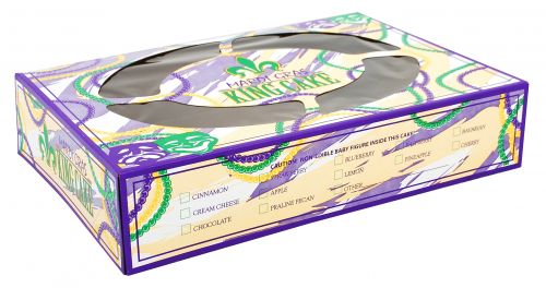 BX2487 Premium Clay Coated Kraft Paperboard Mardi Gras King Cake Print Window Bakery Box, 14" Length x 10" Width x 3" Height (Case of 100)