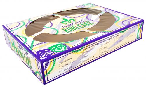 BX2488 Premium Clay Coated Kraft Paperboard Mardi Gras King Cake Print Window Bakery Box, 19" Length x 14" Width x 3-1/2" Height (Case of 50)