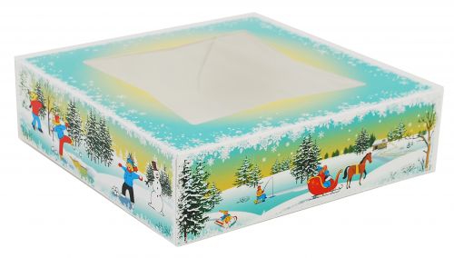 BX2496 Paperboard Winter Wonderland Print Window Bakery Box, 9" Length x 9" Width x 2-1/2" Height (Case of 150)