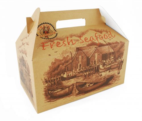 BX2705 Premium Clay Coated Kraft Paperboard Fresh Seafood Barn Style Carry Out Box, 10-1/2" Length x 6" Width x 5" Height (Case of 125)