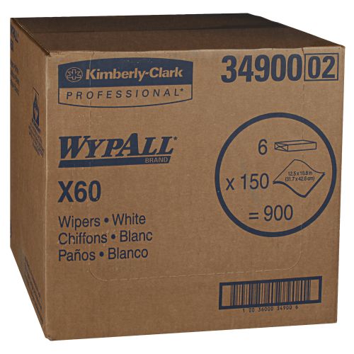 Wypall X60 Reusable Cloths (34900), White, Flat Sheets, 150 Sheets/Pack, 6 Packs/Case, 900 Wipes/Case