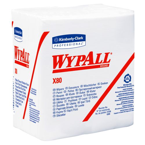 Wypall X80 Reusable Wipes (41026), Extended Use Cloths Quarter-fold Format, White, 50 Sheets/Pack; 4 Packs/Case; 200 Folded Sheets/Case 