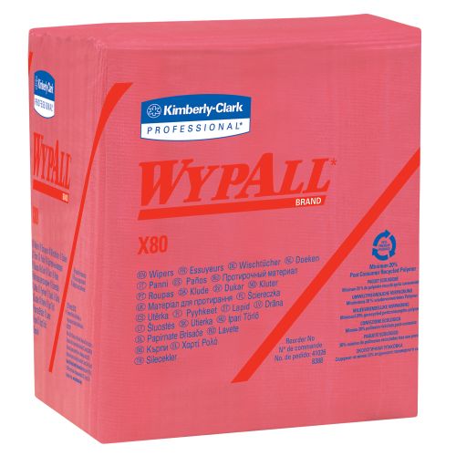 Wypall X80 Reusable Wipes (41029), Extended Use Cloths Quarter-fold Format, Red, 50 Sheets/Pack; 4 Packs/Case; 200 Folded Sheets/Case 