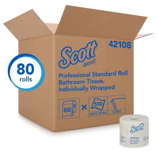Scott Essential Professional Bulk Toilet Paper for Business (42108), Individually Wrapped Standard Rolls, 2-PLY, White, 80 Rolls/Case, 550 Sheets/Roll