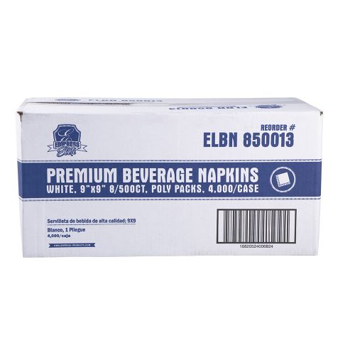 1-Ply Premium Beverage Napkins 9''x9'', Pack, White (500 Per Pack, 8 Packs)