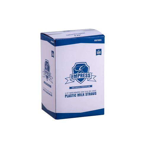 Empress Semi Slim Milk Straw Paper Wrapped 5.75 Red Stripe Boxed Pack 24 / 500 cs