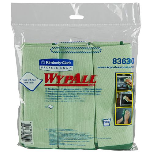 Wypall Microfiber Cloths (83630), Reusable, 15.75" x 15.75", Green for Glass&Mirrors, 4 Packs/Case, 6 Wipes/Container, 24 Wipes/Case
