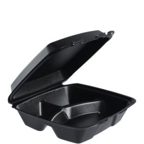Foam Hinged Containers Black Large 3 Compartment 9 3/8'' x 9'' x 3''