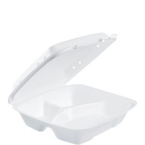 Foam Hinged Lid Container White 9.4'' x 9'' x 3'' - 3 Compartment Vented