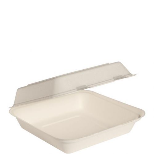 Bagasse Hinged Lid Containers Ivory 1 Compartment 9.4'' x 9.5'' x 3.2''