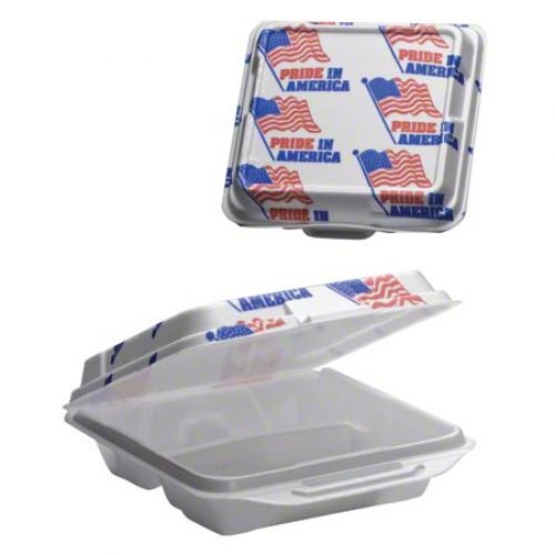 Large Hinged 3-Compartment ''Pride In America'' Foam Container 9.25''x9.25''x3'', White, 100/Pack