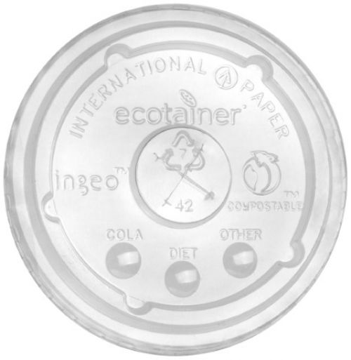 IP PLA Lid For 16oz And 22oz Ecotainer Cold Cups Flat Clear Straw Slot Pack 20 / 100 cs